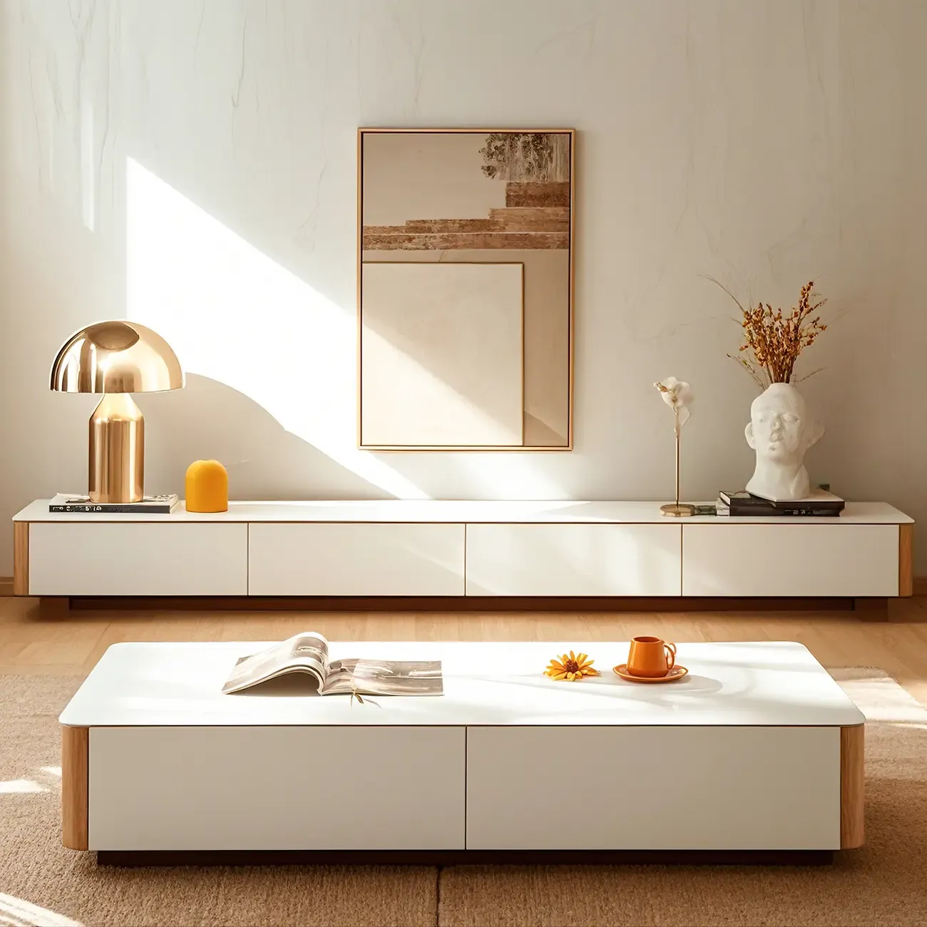 Minimalist White Stone TV Stand with Storage for Living Room Image - 4