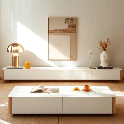 Minimalist White Stone TV Stand with Storage for Living Room Image - 4