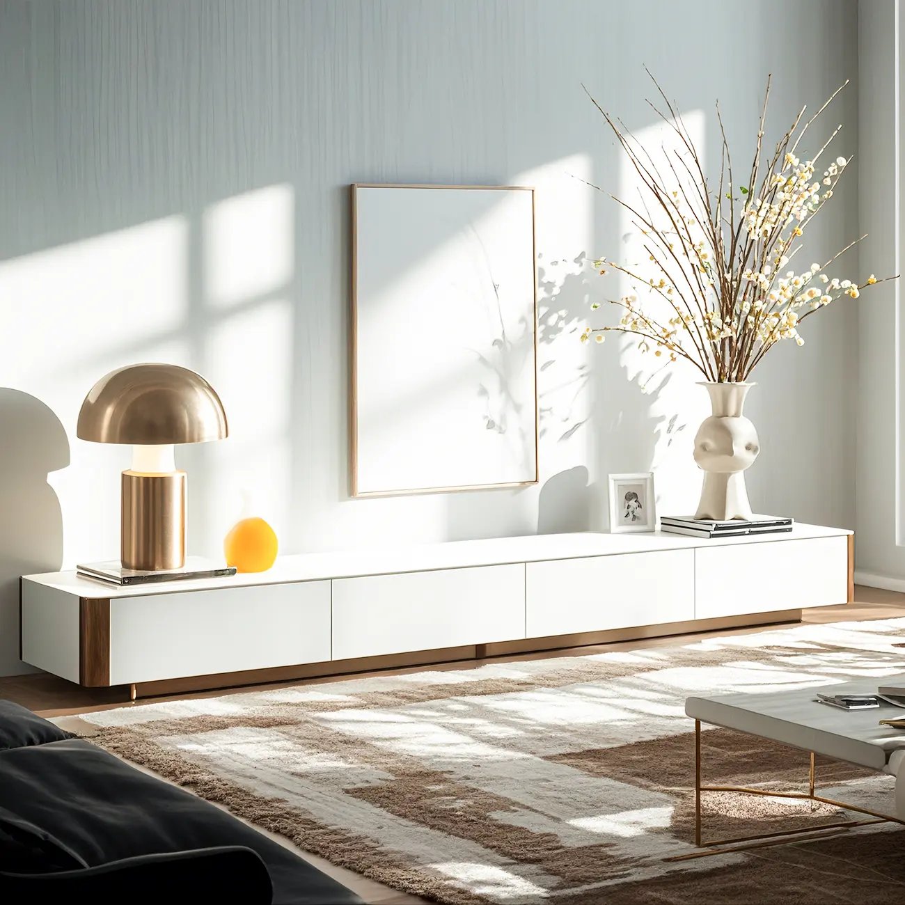 Minimalist White Stone TV Stand with Storage for Living Room Image - 1 | homeyfad