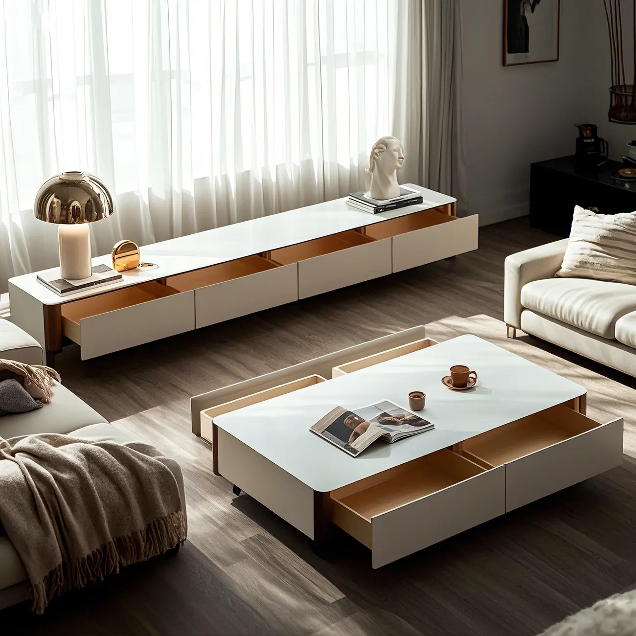 Minimalist White Stone TV Stand with Storage for Living Room Image - 5 | homeyfad