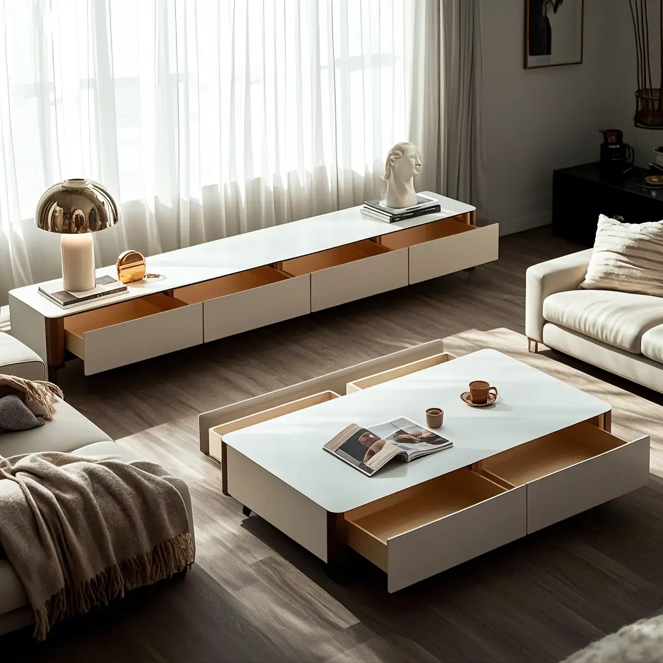 Minimalist White Stone TV Stand with Storage for Living Room Image - 5