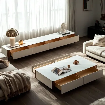 Minimalist White Stone TV Stand with Storage for Living Room Image - 5