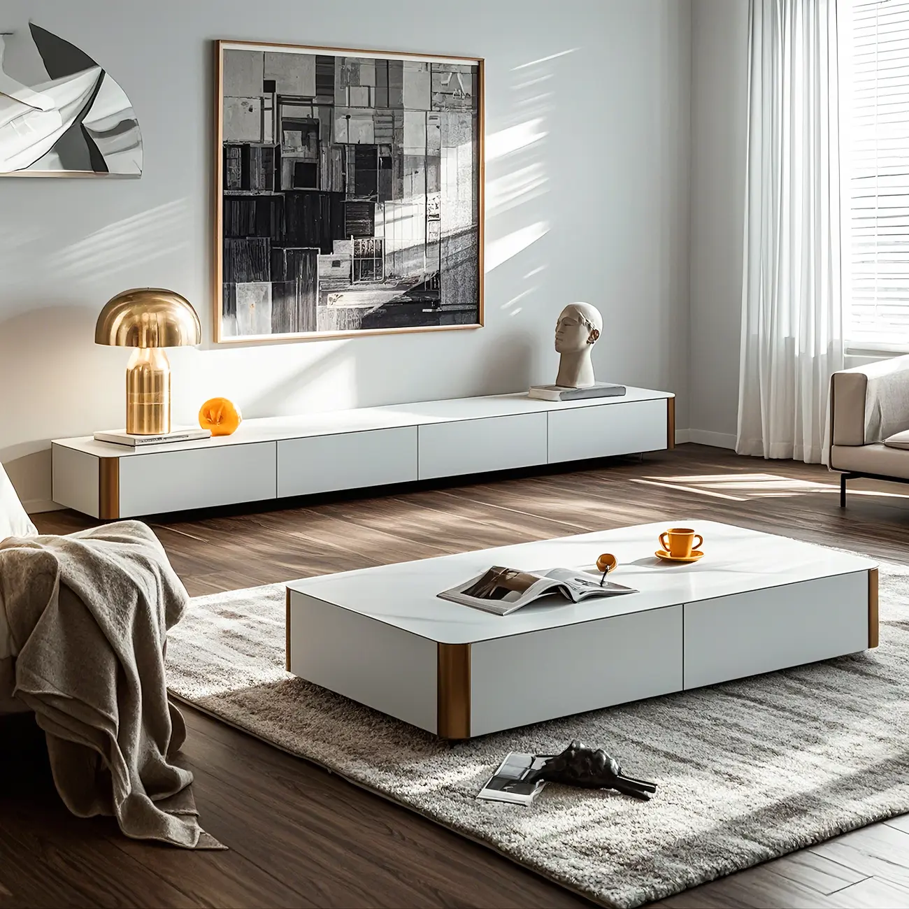 Minimalist White Stone TV Stand with Storage for Living Room Image - 3 | homeyfad