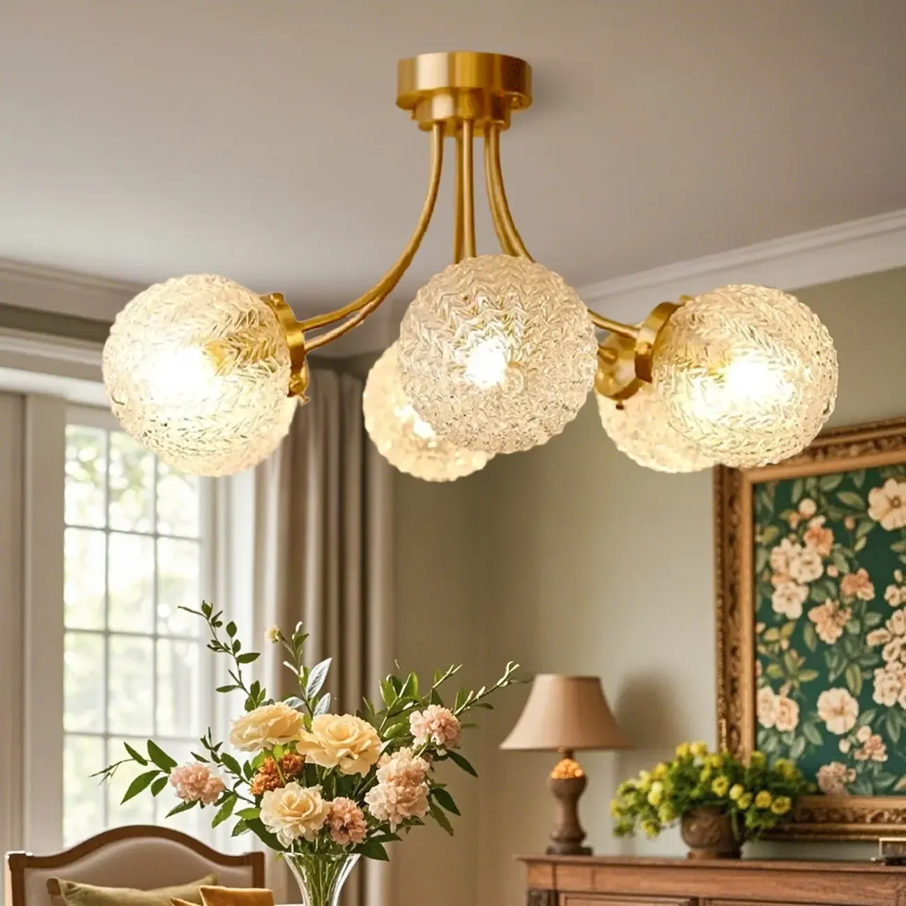 Elegant 6-Light Globe Glass Golden Semi Flush Ceiling Light Image - 1