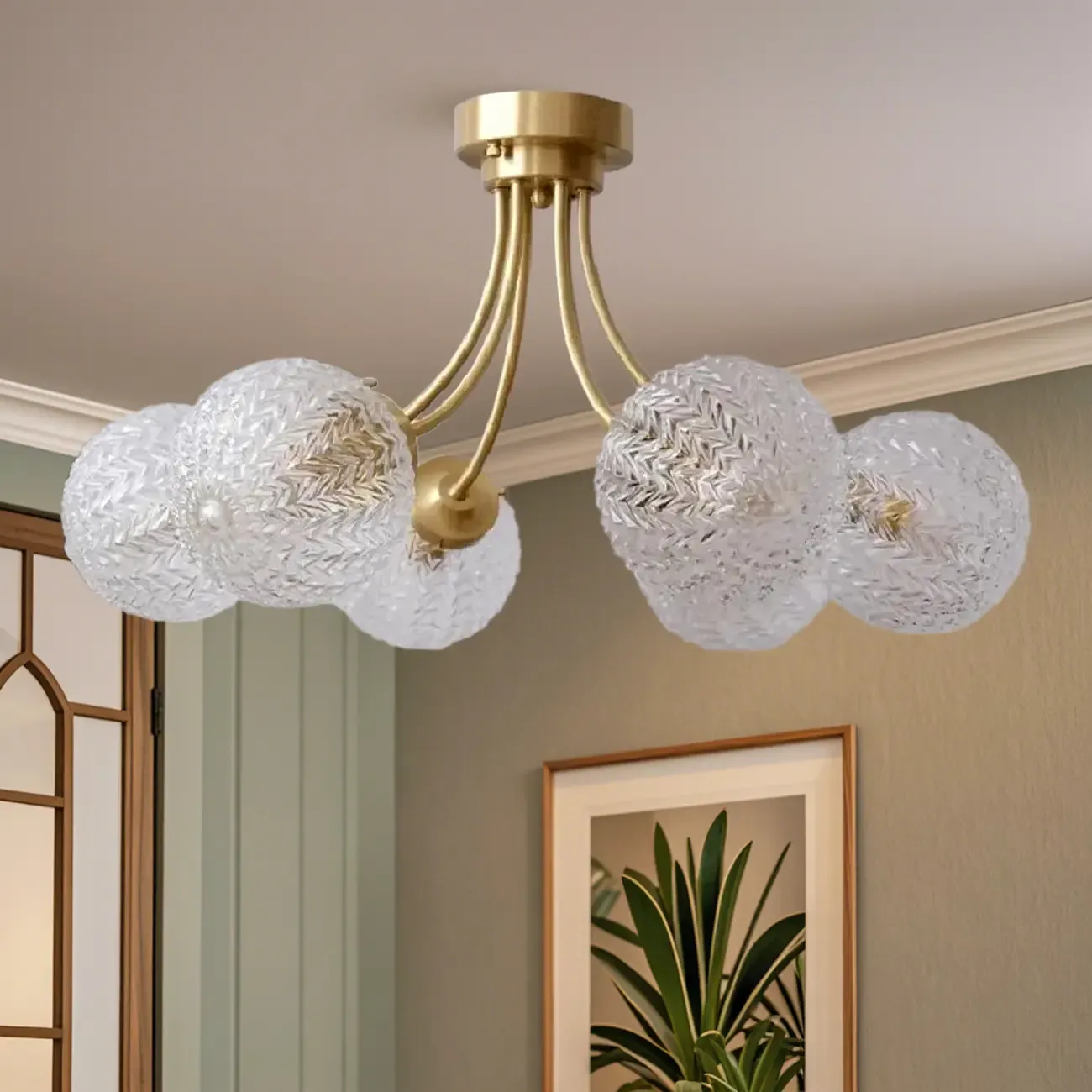 Elegant 6-Light Globe Glass Golden Semi Flush Ceiling Light Image - 3