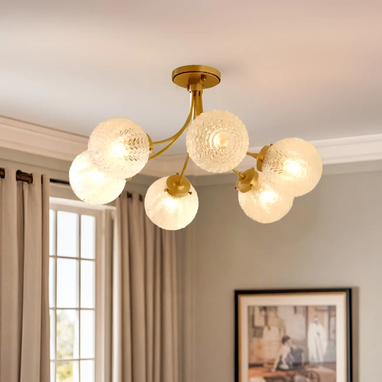 Elegant 6-Light Globe Glass Golden Semi Flush Ceiling Light Image - 12 | homeyfad