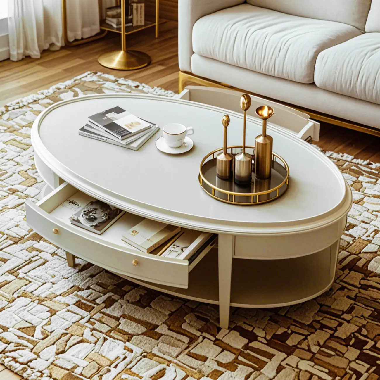 Luxury Oval Wood Coffee Table with Drawer for Living Room  Image - 1 | homeyfad