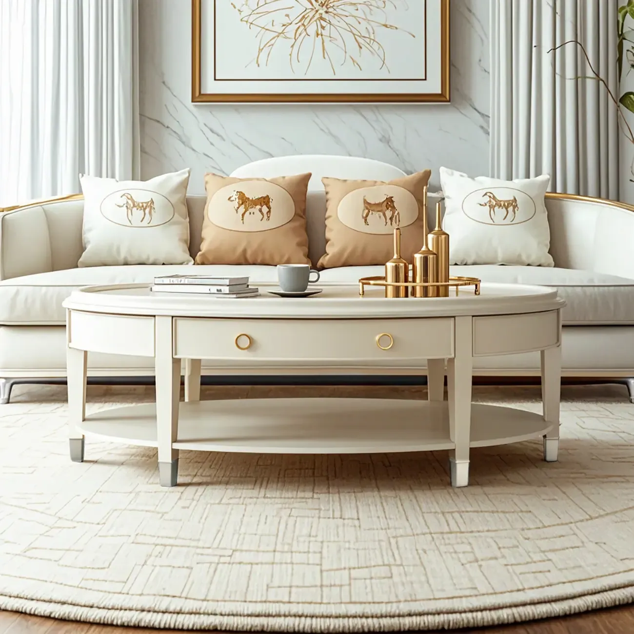 Luxury Oval Wood Coffee Table with Drawer for Living Room  Image - 2