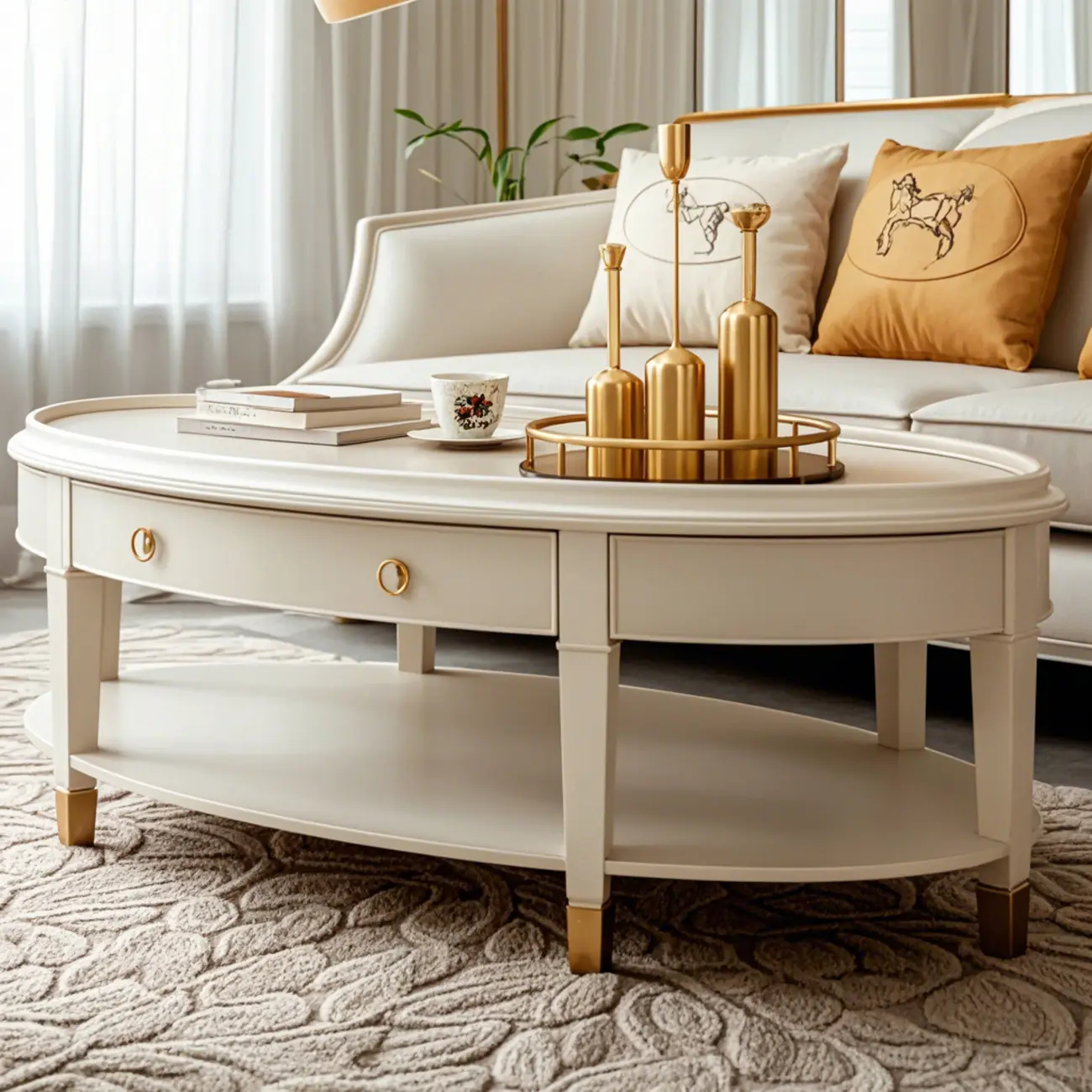 Luxury Oval Wood Coffee Table with Drawer for Living Room  Image - 4 | homeyfad