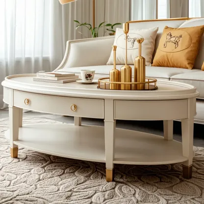 Luxury Oval Wood Coffee Table with Drawer for Living Room  Image - 4