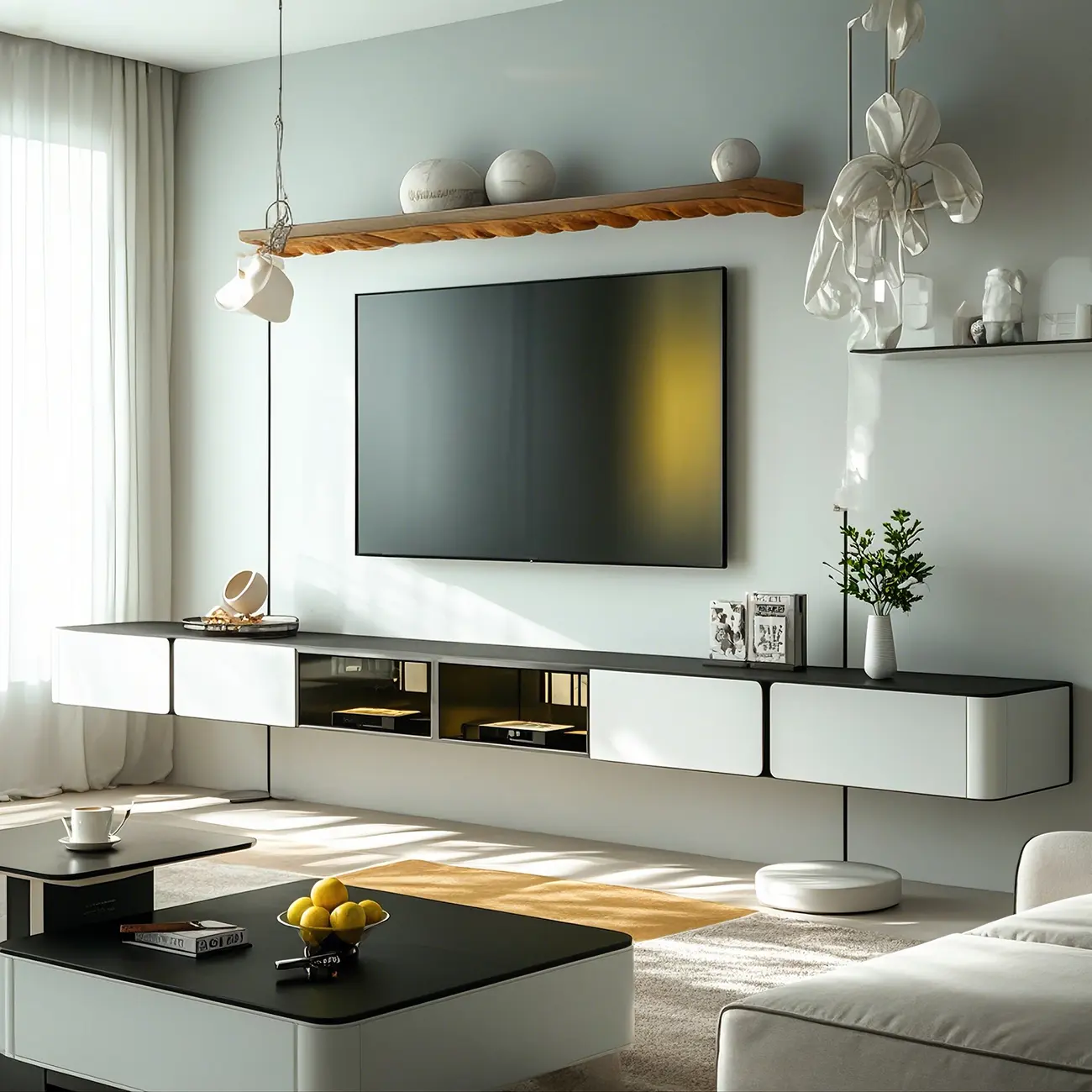 White Modern Stone Floating TV Stand with Cable Management | homeyfad