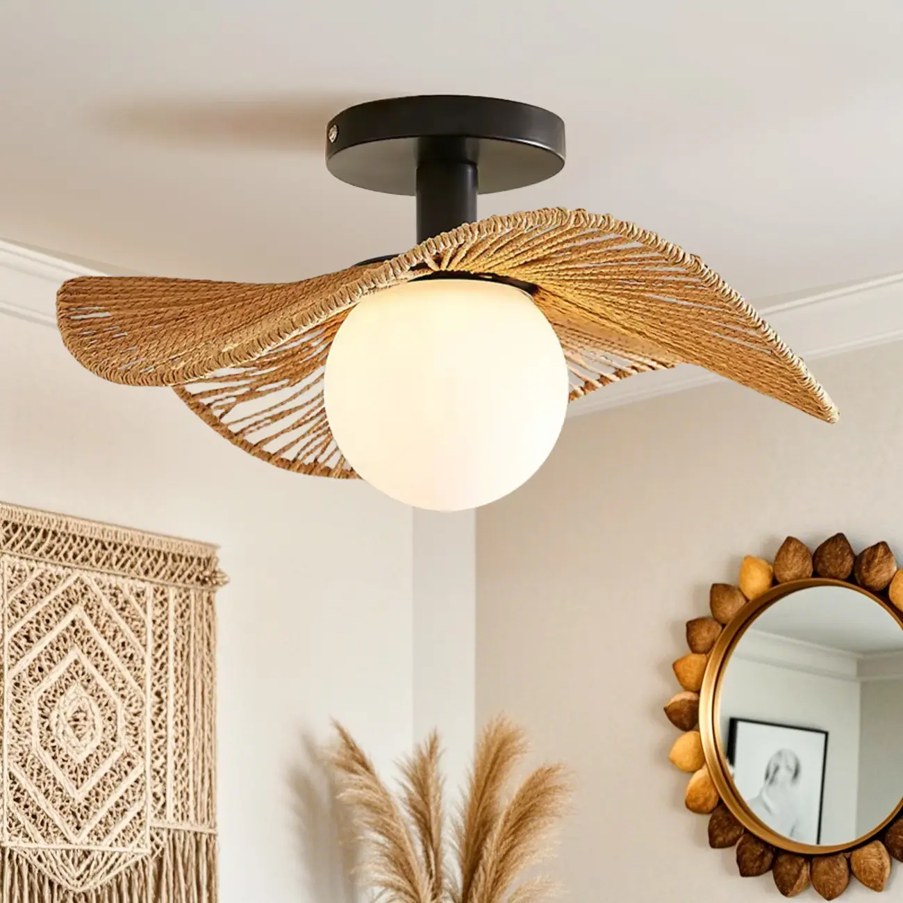 Oriental LED Semi-Flush Ceiling Light with Rattan Shade Image - 2 | homeyfad