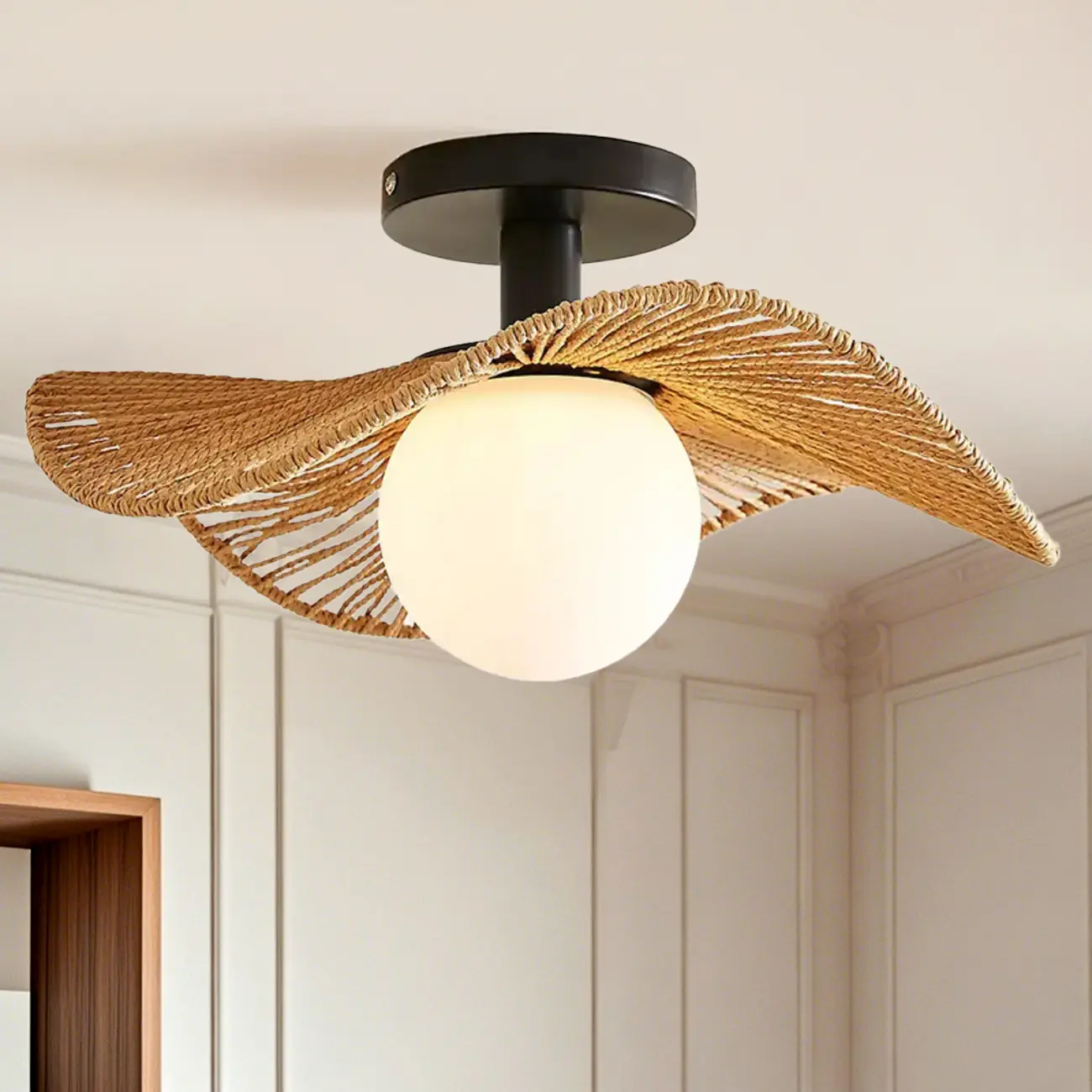 Oriental LED Semi-Flush Ceiling Light with Rattan Shade Image - 1 | homeyfad
