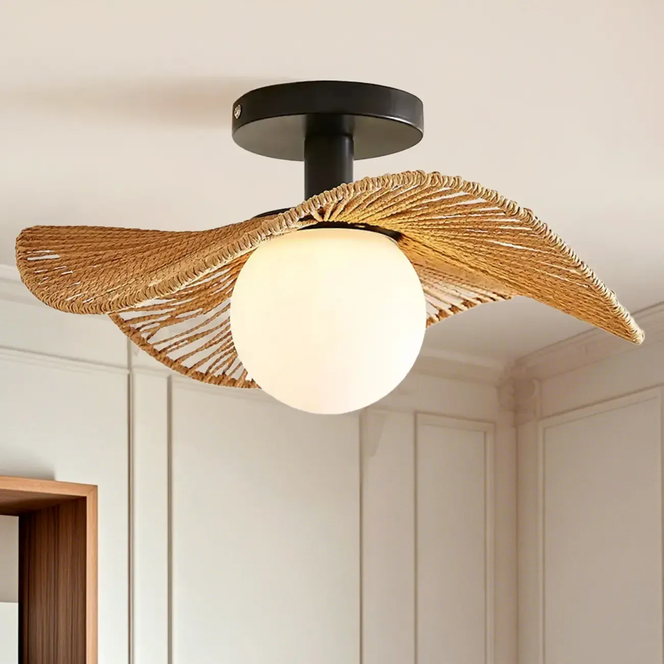 Oriental LED Semi-Flush Ceiling Light with Rattan Shade Image - 1