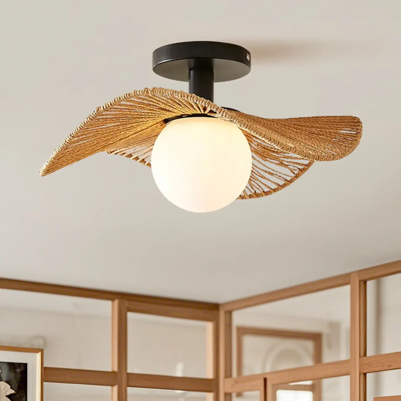 Oriental LED Semi-Flush Ceiling Light with Rattan Shade Image - 3 | homeyfad
