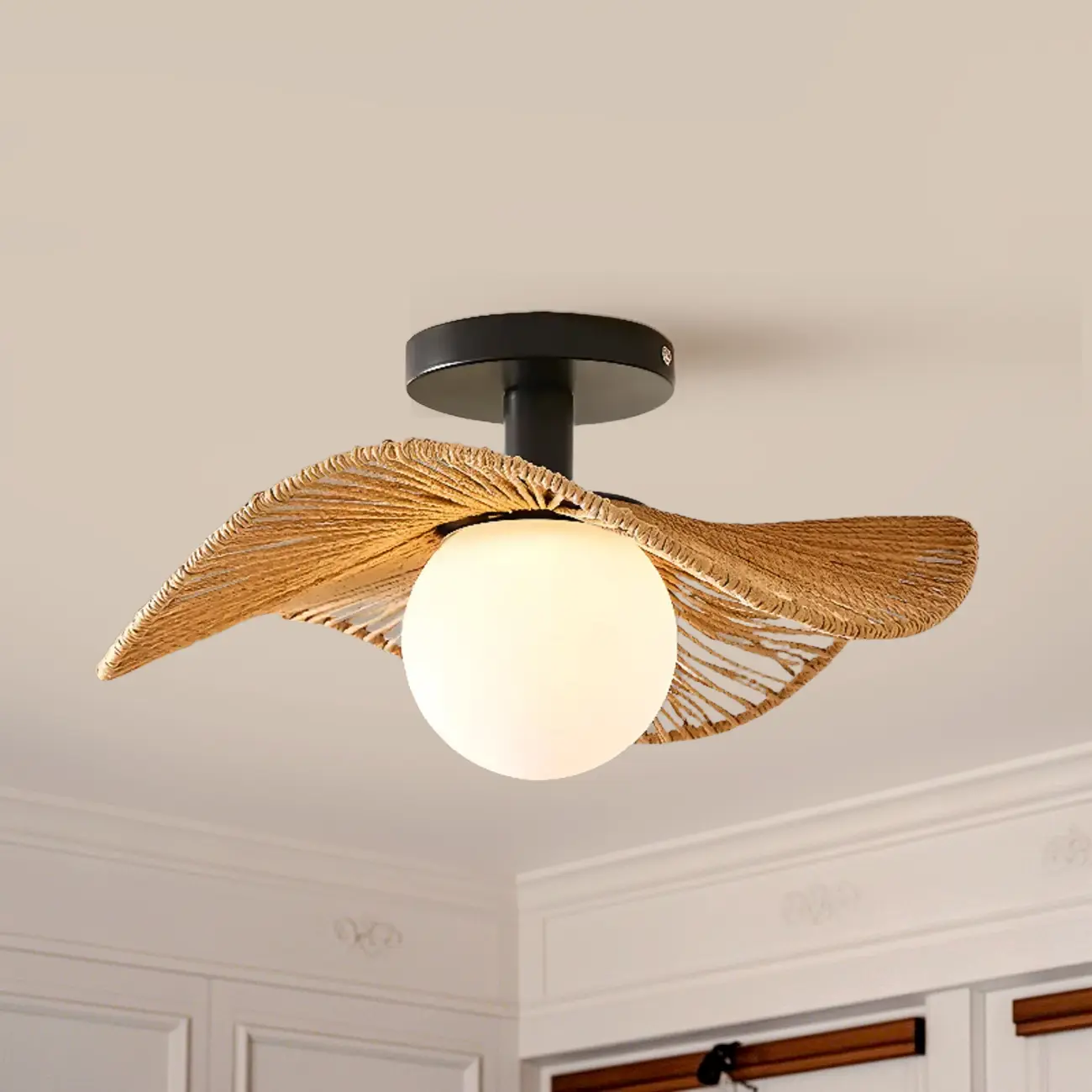 Oriental LED Semi-Flush Ceiling Light with Rattan Shade Image - 4 | homeyfad