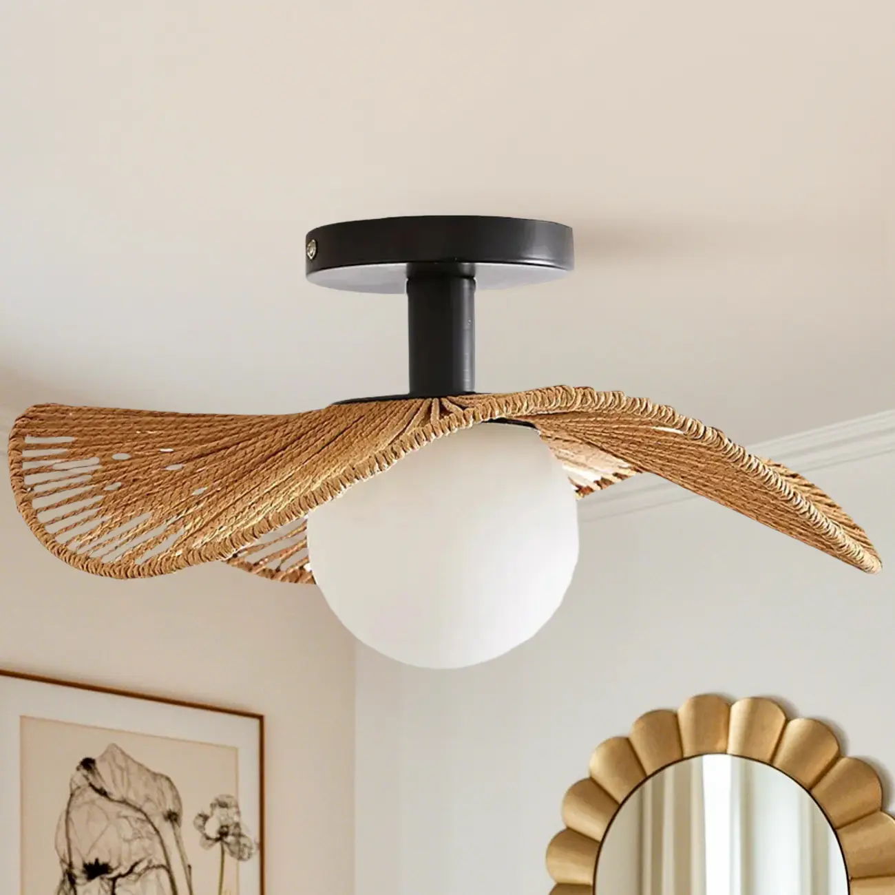Oriental LED Semi-Flush Ceiling Light with Rattan Shade Image - 5 | homeyfad
