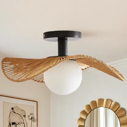 Oriental LED Semi-Flush Ceiling Light with Rattan Shade Image - 5