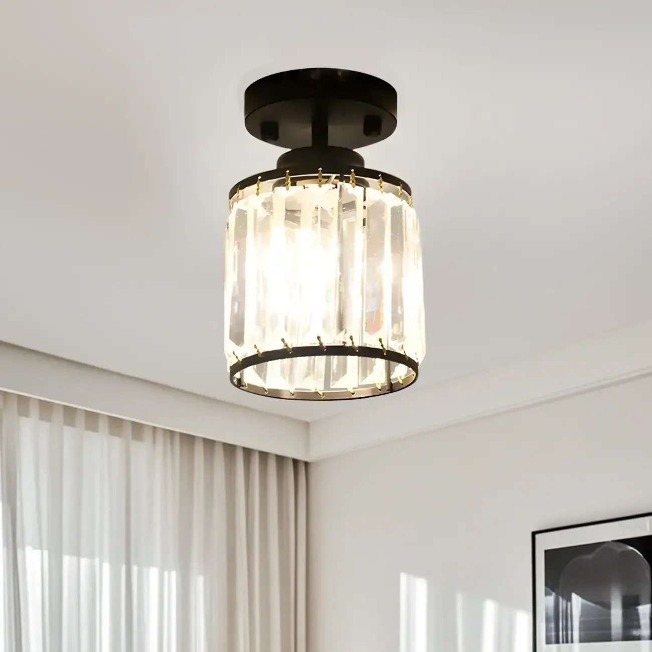 Elegant Clear Crystal Drum Semi Flush Ceiling Light Image - 2