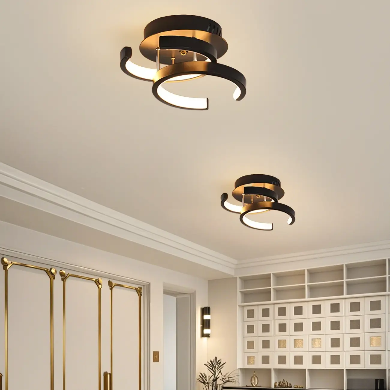 Black Geometric Metal LED Semi Flush Mount Ceiling Light Image - 8 | homeyfad