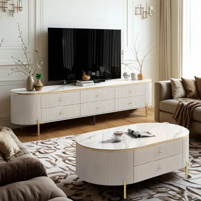Modern Stone TV Stand with 6-Drawers & Legs for Living Room Image - 2