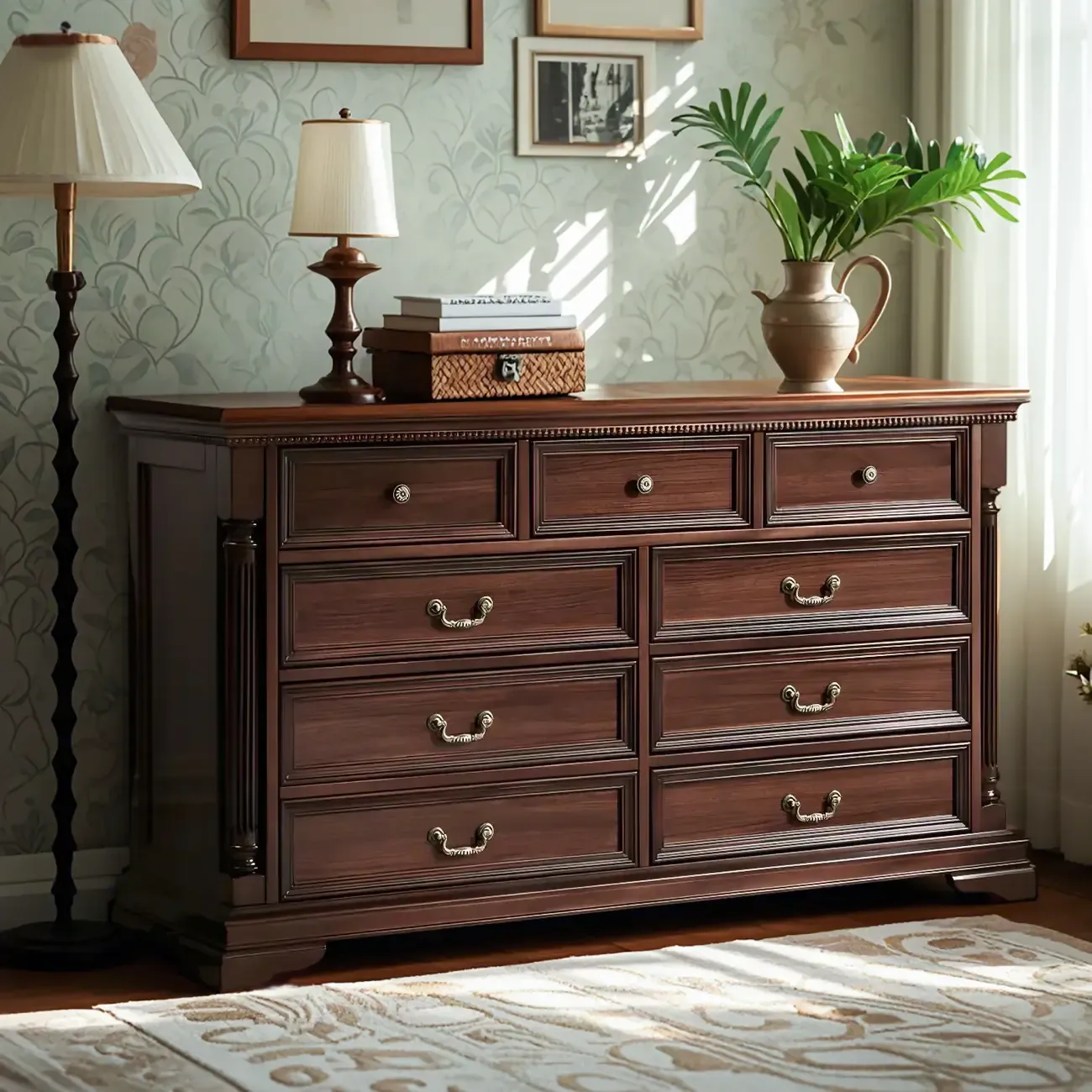 Vintage Brown Walnut Wooden Double Dresser with 9-Drawers Image - 1