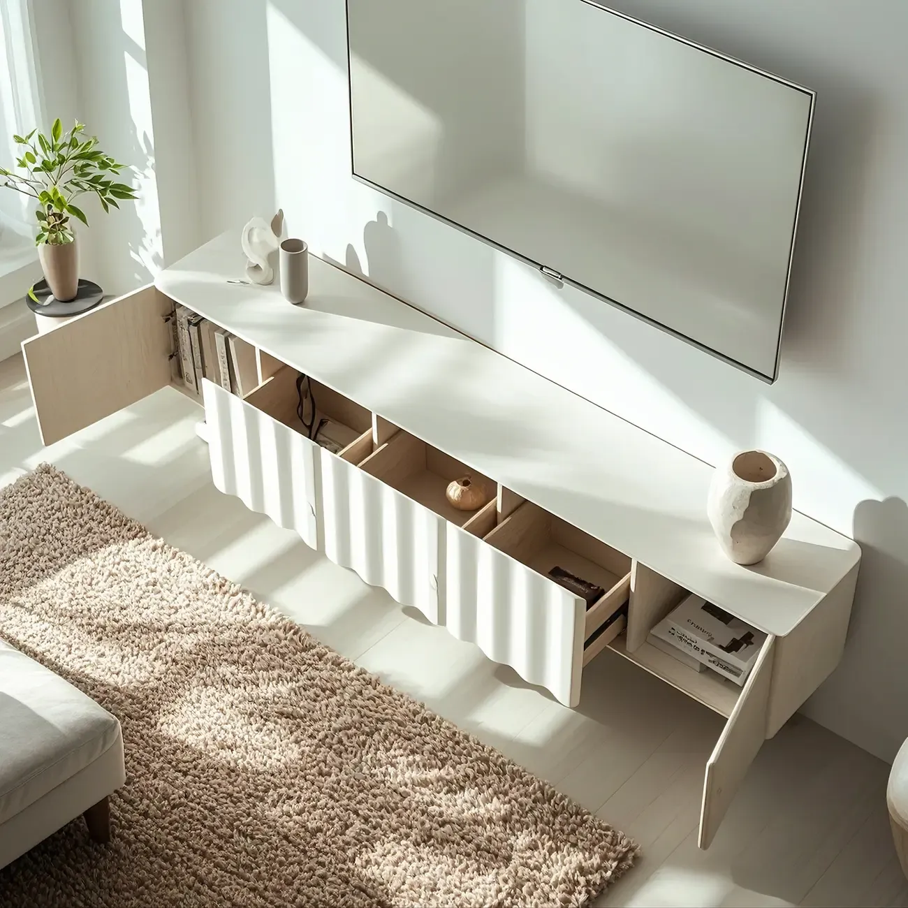 Elegant White Wooden TV Stand with Metal Legs for Living Room Image - 4