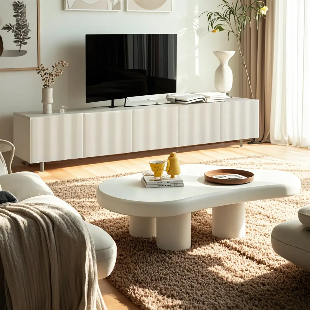 Elegant White Wooden TV Stand with Metal Legs for Living Room Image - 2