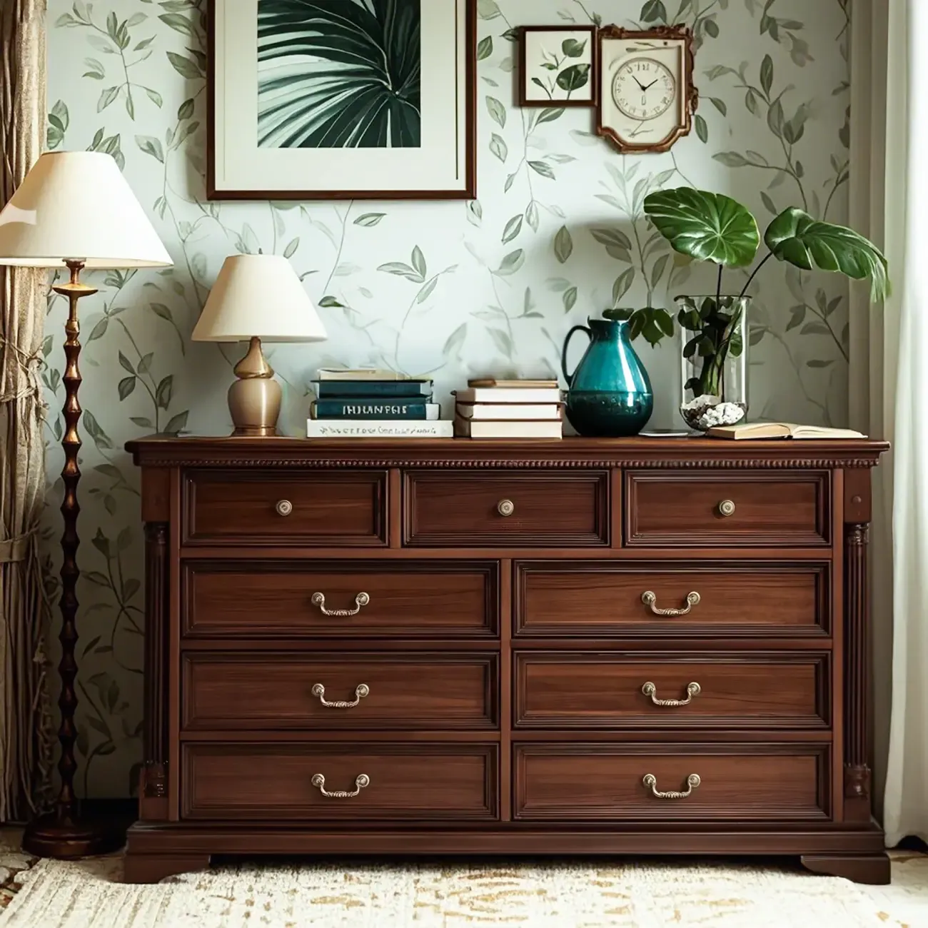 Vintage Brown Walnut Wooden Double Dresser with 9-Drawers Image - 4