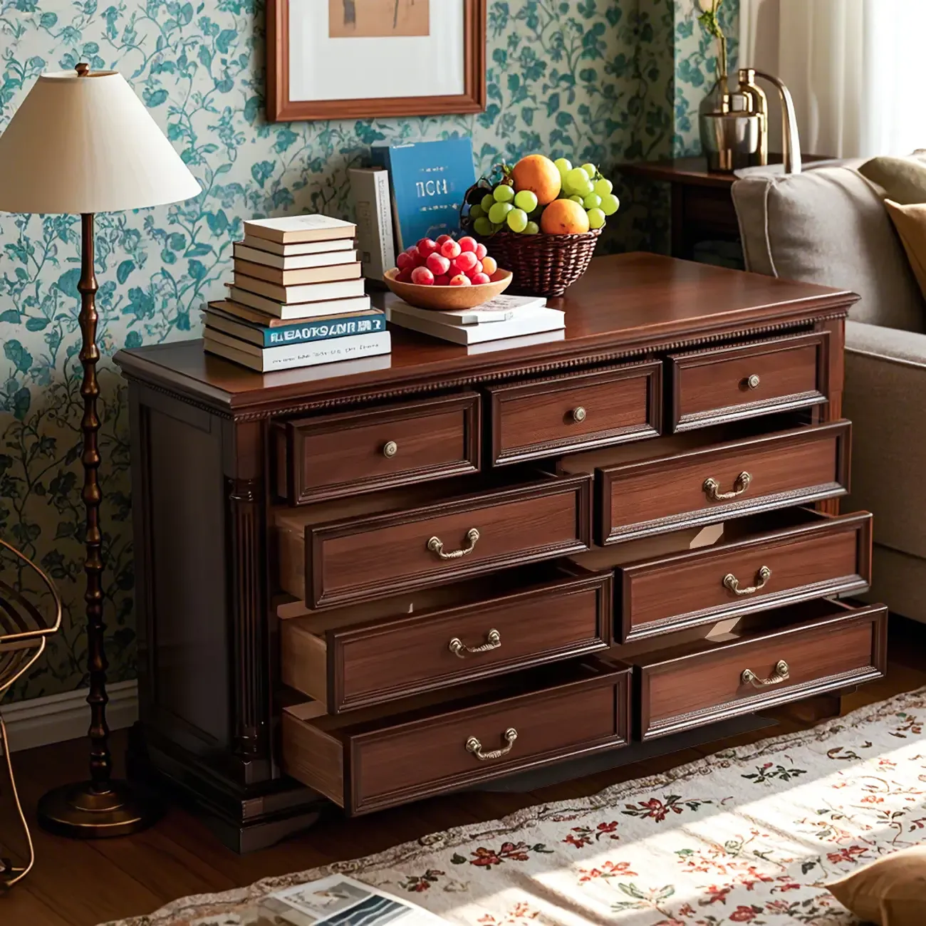 Vintage Brown Walnut Wooden Double Dresser with 9-Drawers Image - 2