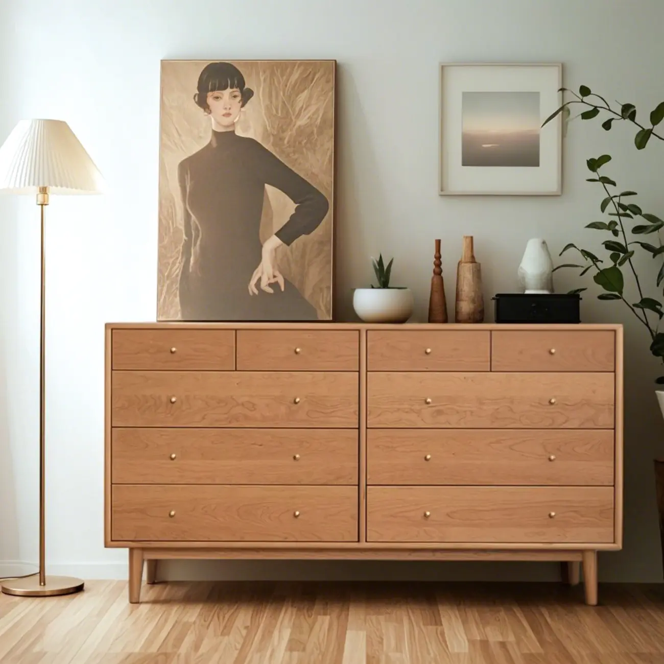 Elegant Cherry Wood Double Dresser with 5-Drawers for Bedroom Image - 1 | homeyfad