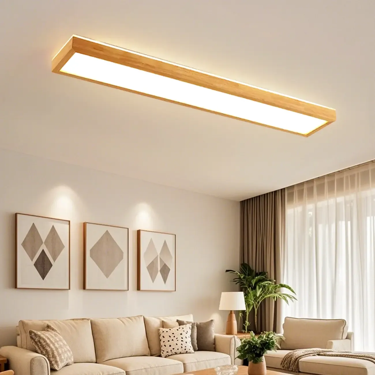Rectangle Indoor LED Flush Ceiling Light in Natural Finish Image - 1