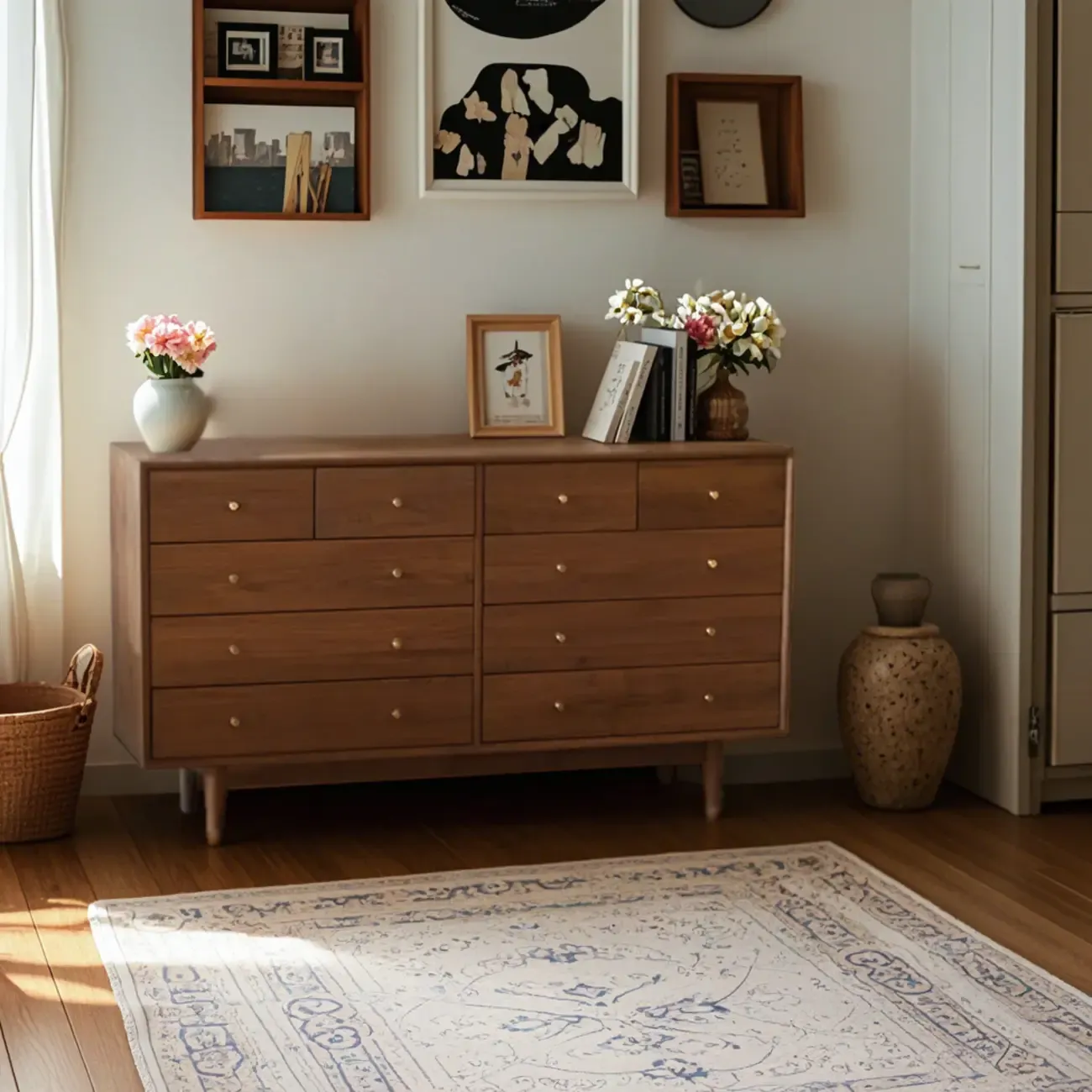 Elegant Cherry Wood Double Dresser with 5-Drawers for Bedroom Image - 3