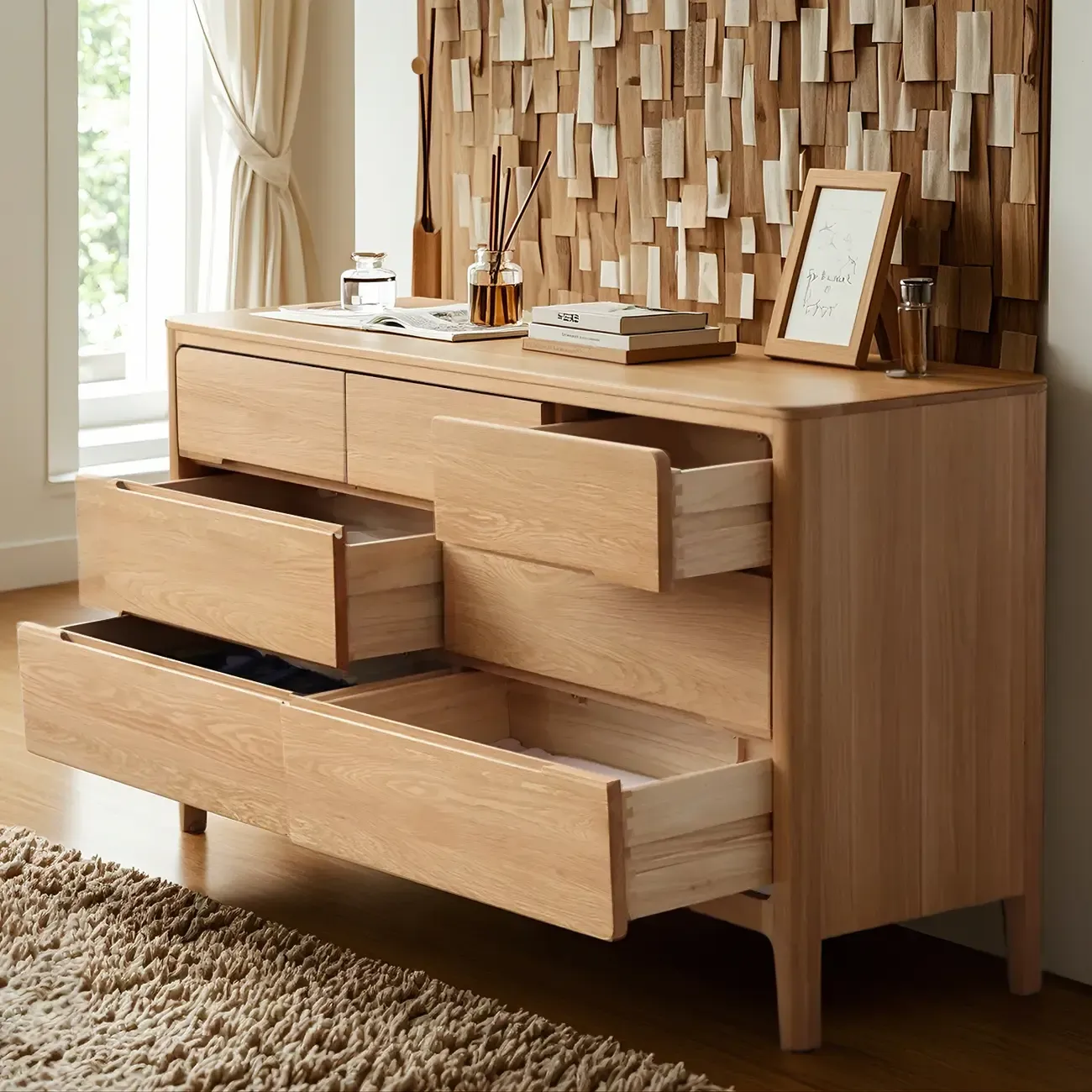 Traditional Natural Solid Wooden Double Dressers with Drawers Image - 2