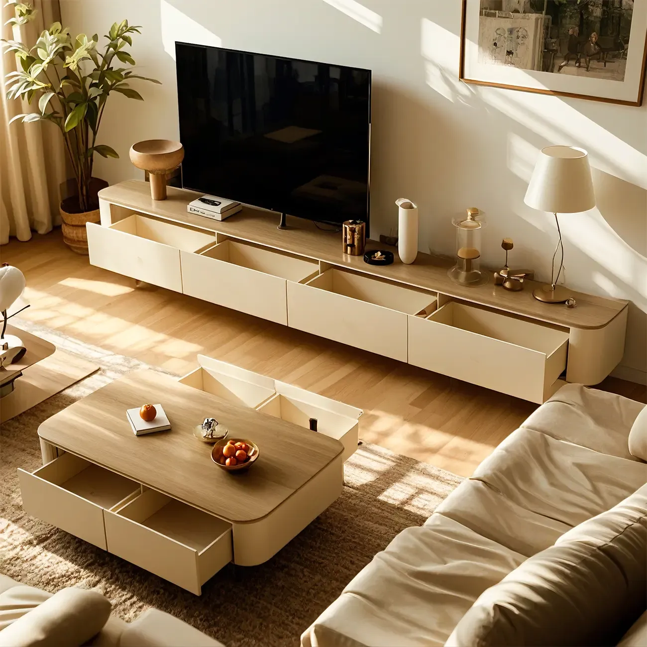Elegant Wooden TV Stand with 4-Drawers Storage for Living Room Image - 3