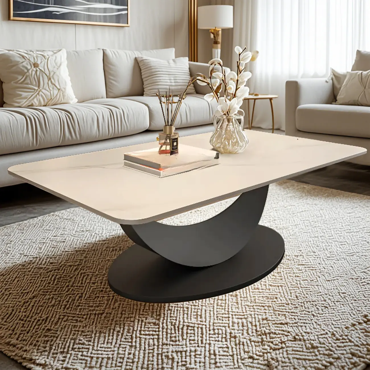 Stylish Rectangular 	Black Coffee Table with Oval Base Image - 2 | homeyfad