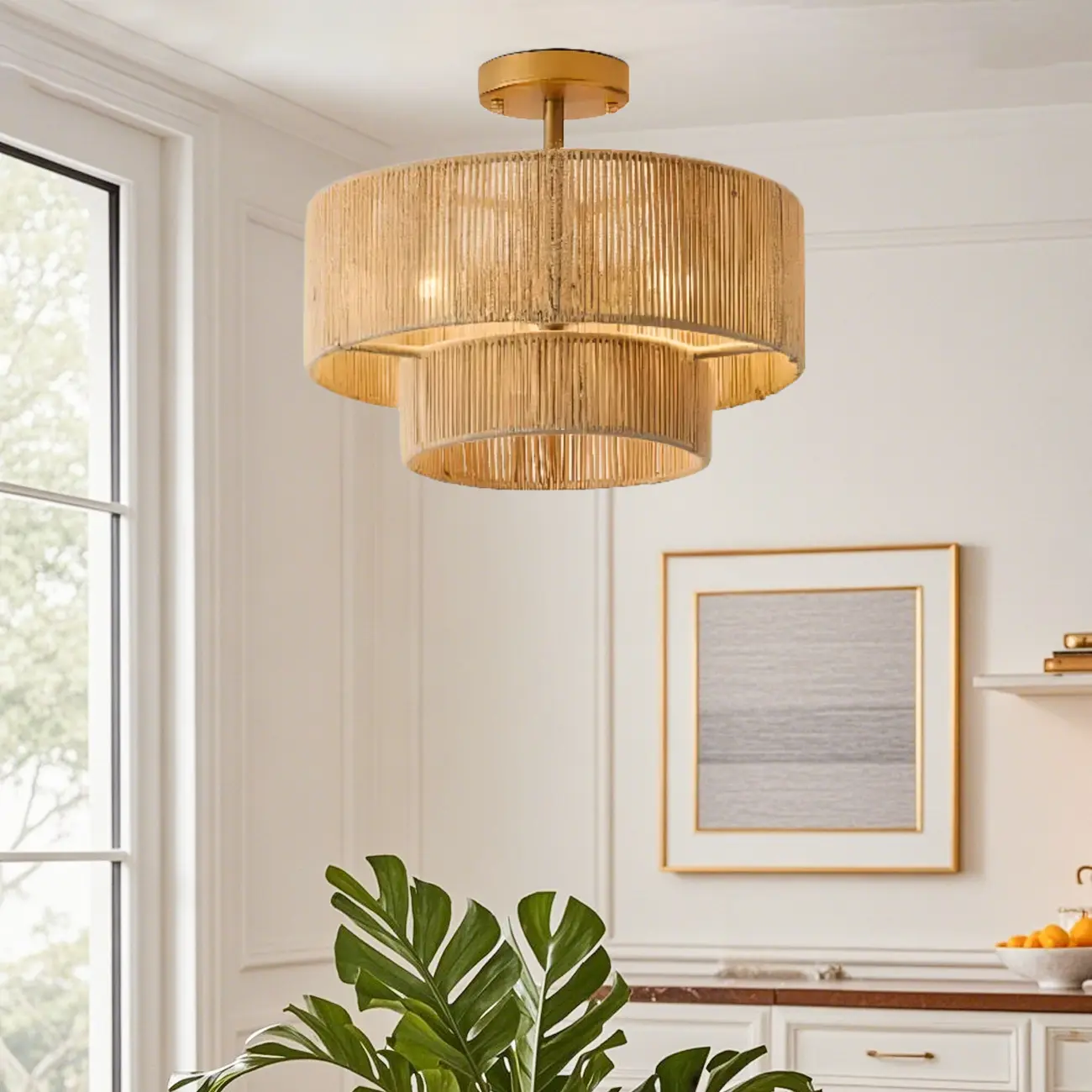 Rustic Semi Flush Mount Ceiling Light Jute Drum Shade Image - 1 | homeyfad