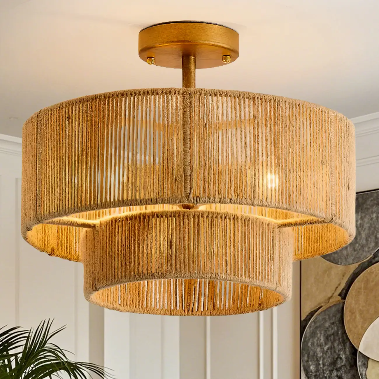 Rustic Semi Flush Mount Ceiling Light Jute Drum Shade Image - 2 | homeyfad