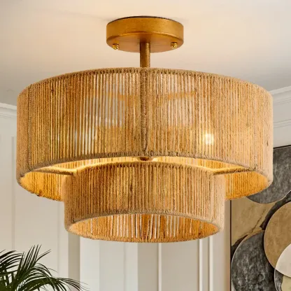Rustic Semi Flush Mount Ceiling Light Jute Drum Shade Image - 2