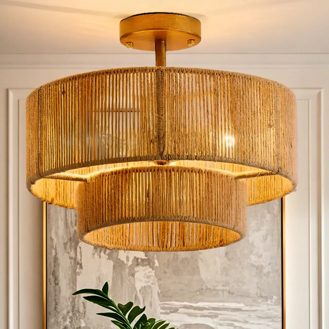 Rustic Semi Flush Mount Ceiling Light Jute Drum Shade Image - 3
