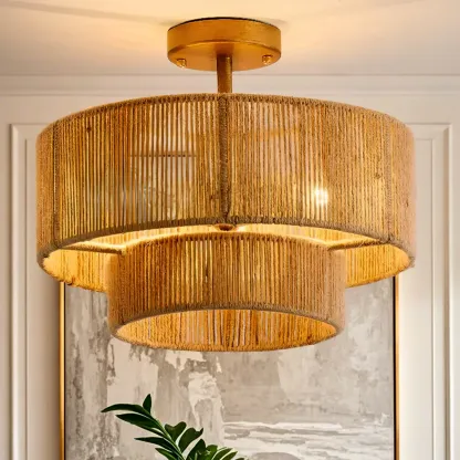 Rustic Semi Flush Mount Ceiling Light Jute Drum Shade Image - 3