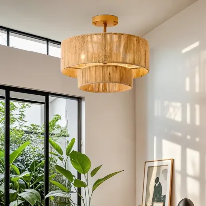 Rustic Semi Flush Mount Ceiling Light Jute Drum Shade Image - 4