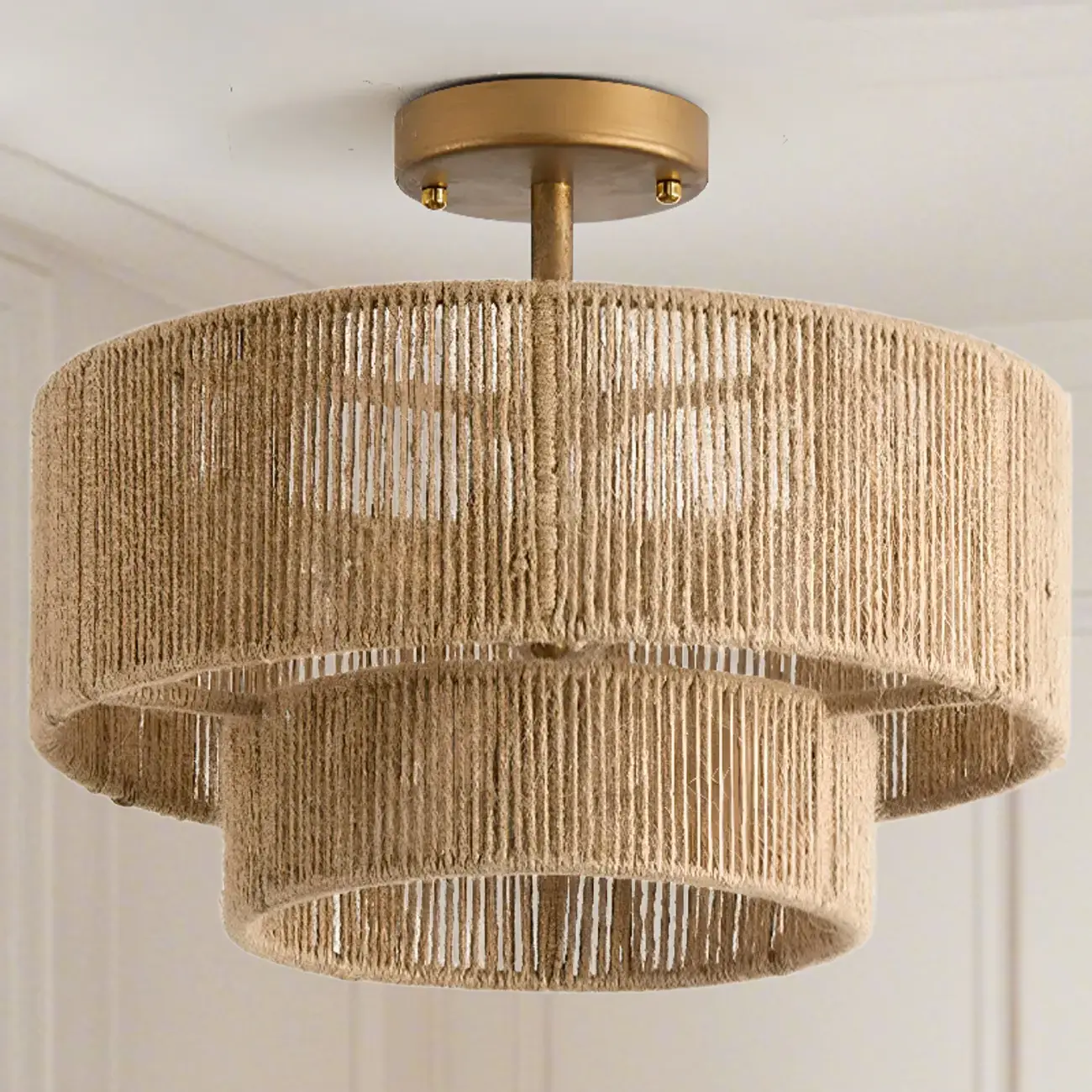 Rustic Semi Flush Mount Ceiling Light Jute Drum Shade Image - 5 | homeyfad