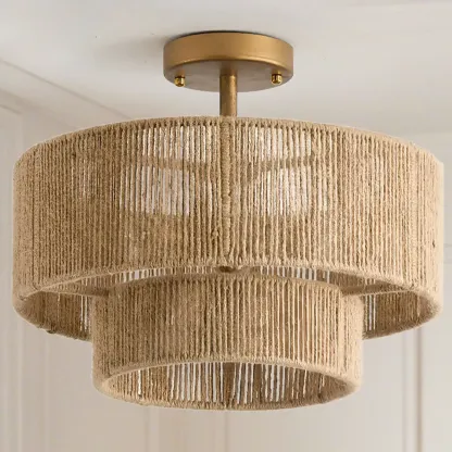 Rustic Semi Flush Mount Ceiling Light Jute Drum Shade Image - 5