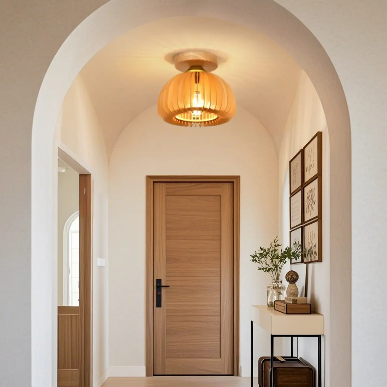 Rustic Semi Flush Ceiling Light Brown Natural Wood Dome Image - 3 | homeyfad