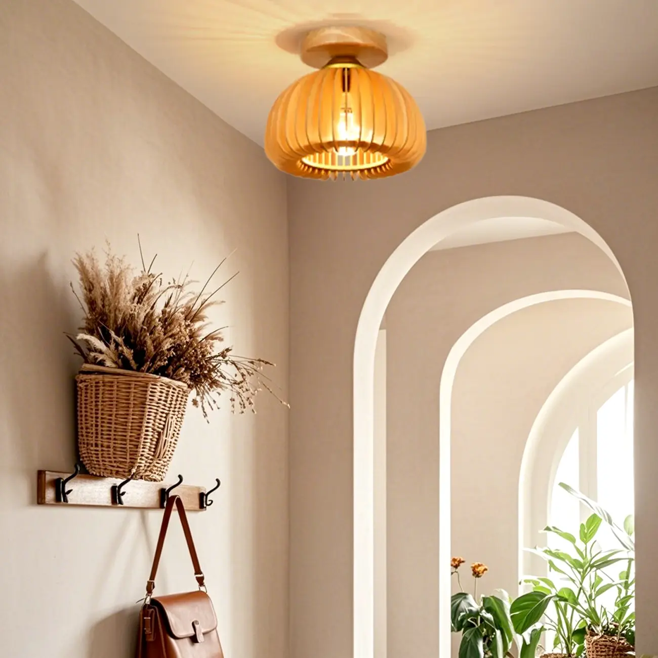 Rustic Semi Flush Ceiling Light Brown Natural Wood Dome Image - 4 | homeyfad