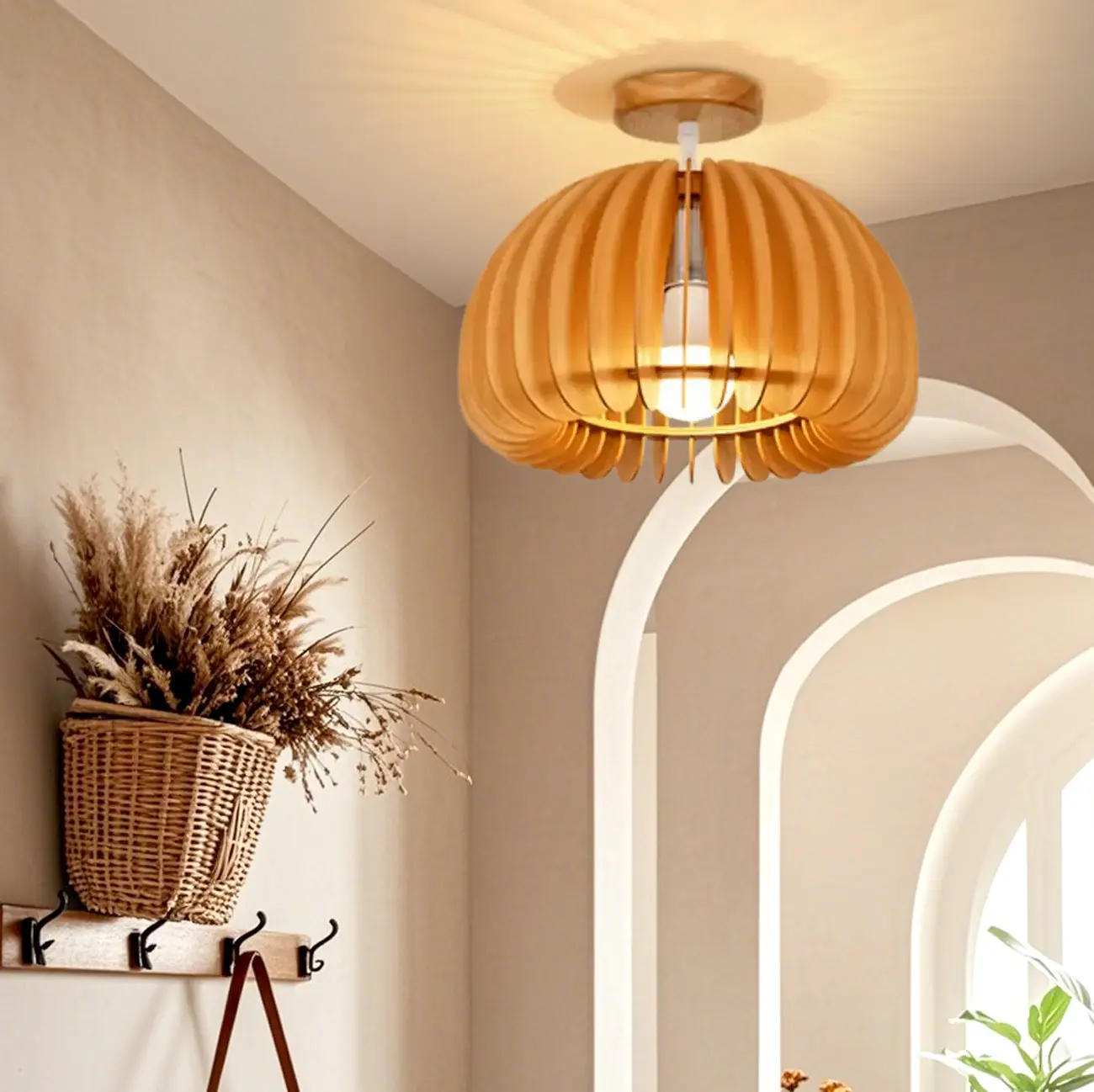 Rustic Semi Flush Ceiling Light Brown Natural Wood Dome Image - 1 | homeyfad