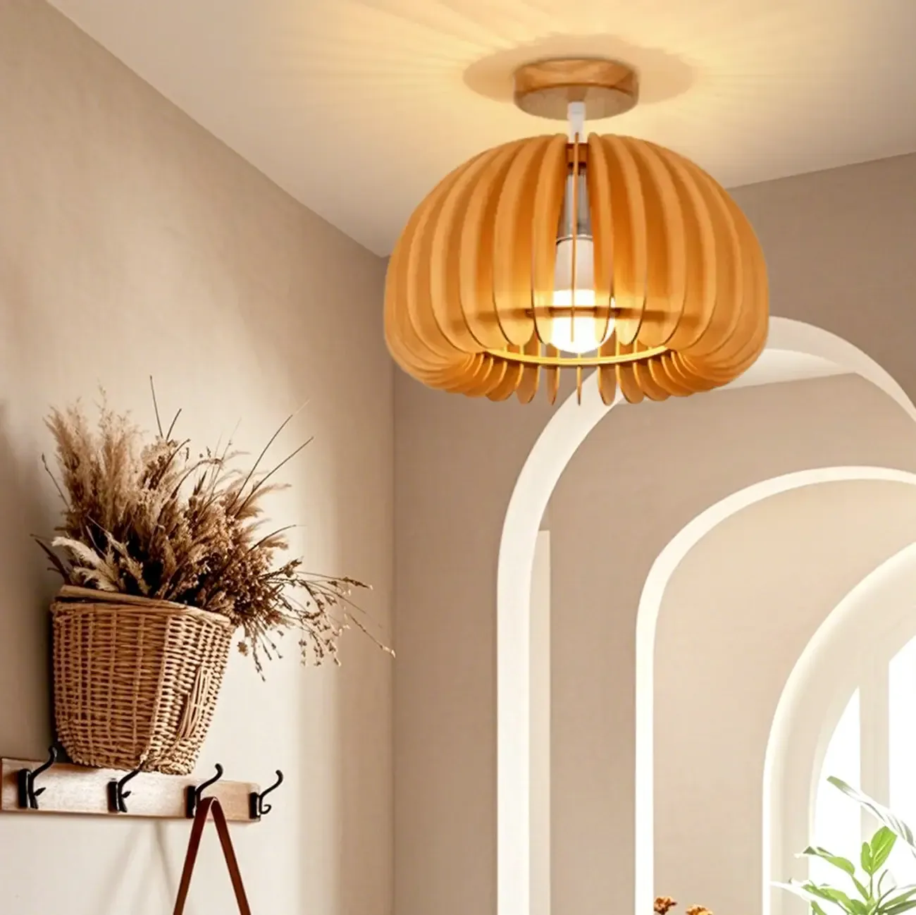 Rustic Semi Flush Ceiling Light Brown Natural Wood Dome Image - 1