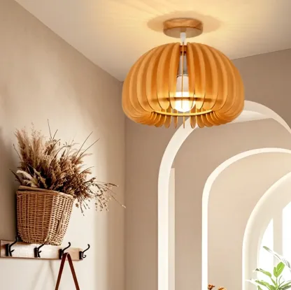 Rustic Semi Flush Ceiling Light Brown Natural Wood Dome Image - 1