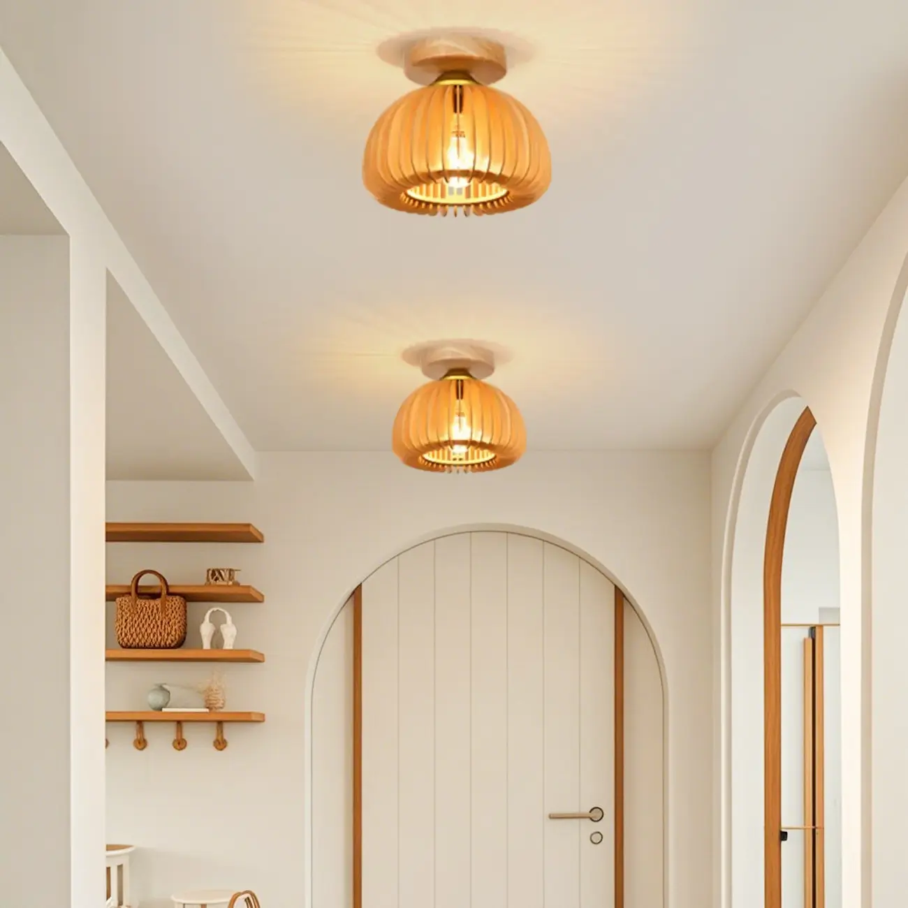 Rustic Semi Flush Ceiling Light Brown Natural Wood Dome Image - 5 | homeyfad